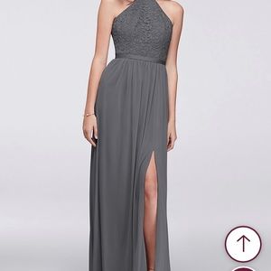 David’s Bridal Open-Back Lace and Mesh Bridesmaid Dress F19608 in Grey